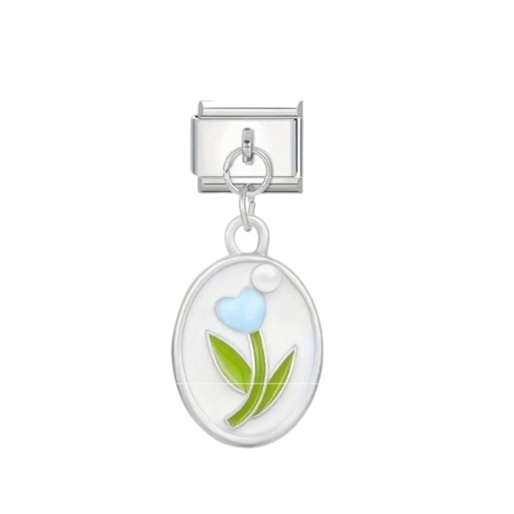 Italian Charmlink Dangle Blue Heart on a Stem with Pearl Spring Inspired